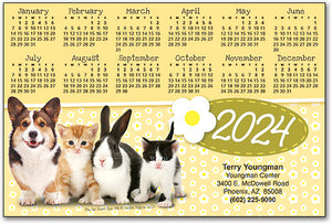 Four Pets Yellow Calendar Postcard