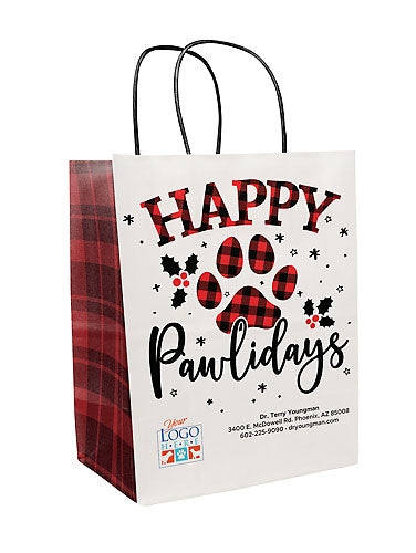 Holiday Plaid Paws Handled Paper Bag