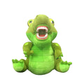 A green plush crocodile toy with an open mouth showing white teeth and pink tongue, set against a plain white background.